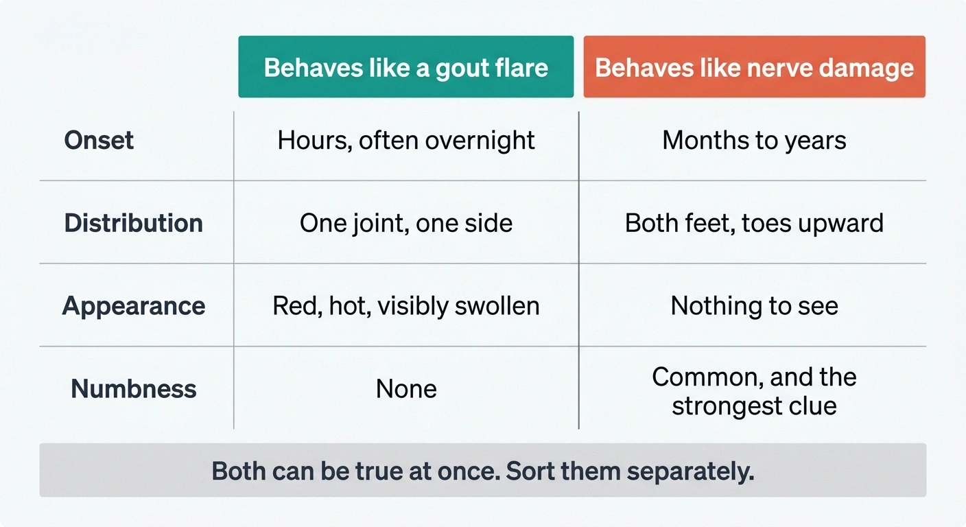 Comparison grid contrasting gout flare features with peripheral neuropathy features