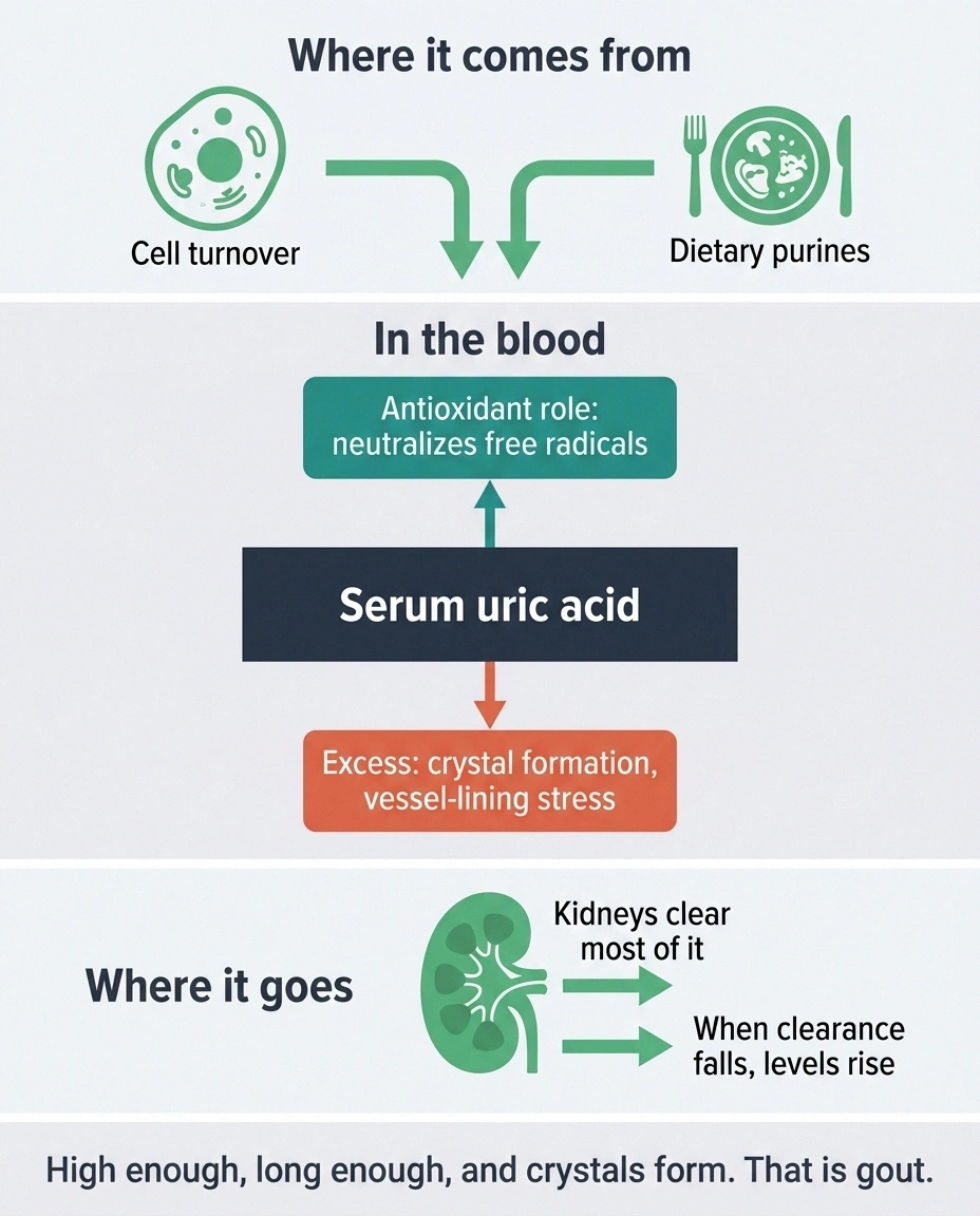 Diagram showing uric acid sources, its antioxidant and crystal roles, and kidney clearance