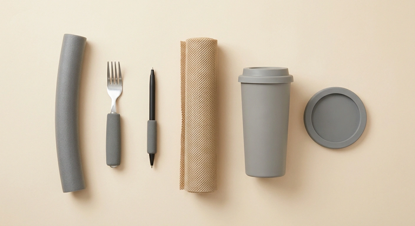 Overhead flat-lay of foam tubing, adapted cutlery, non-slip liner and a lidded mug.