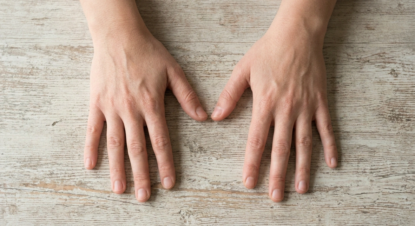 Overhead view of two hands laid palm-down side by side on a pale table.