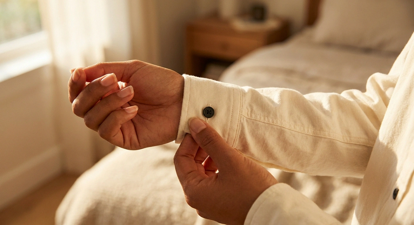 Close view of two hands fastening a small button on a shirt cuff.