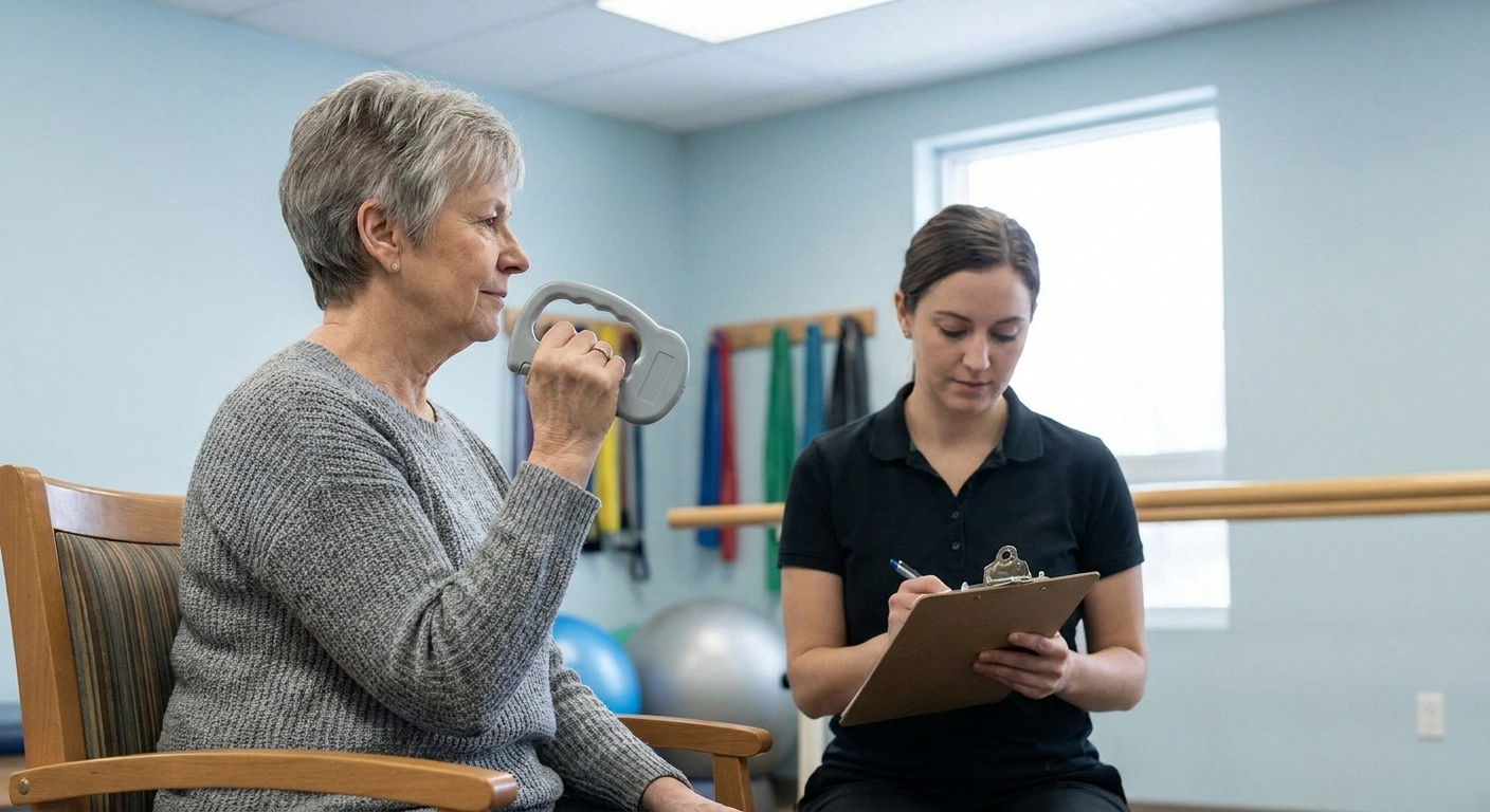 Woman squeezing a hand dynamometer while a therapist records the reading.