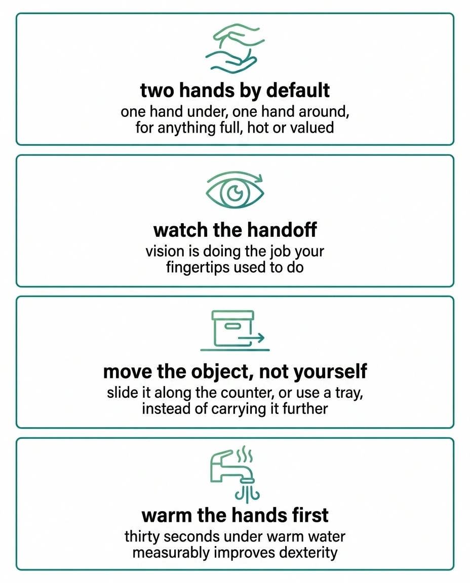 Four-panel card showing two-handed carrying, watching, sliding and warming.