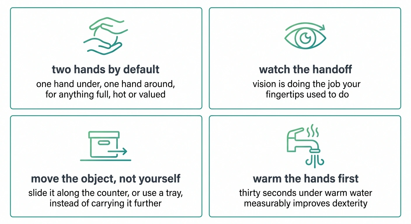 Four-panel card showing two-handed carrying, watching, sliding and warming.