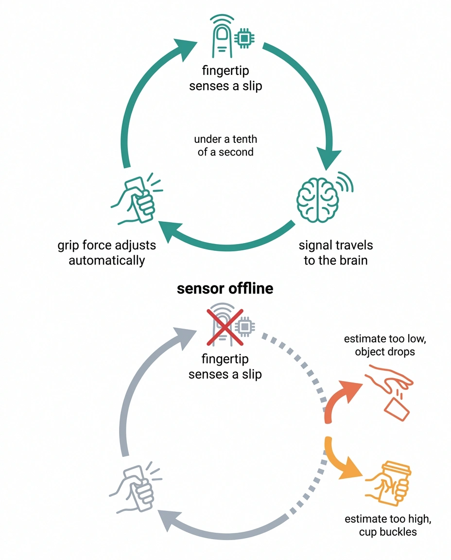 Diagram of the grip feedback loop and the two ways it fails when broken.