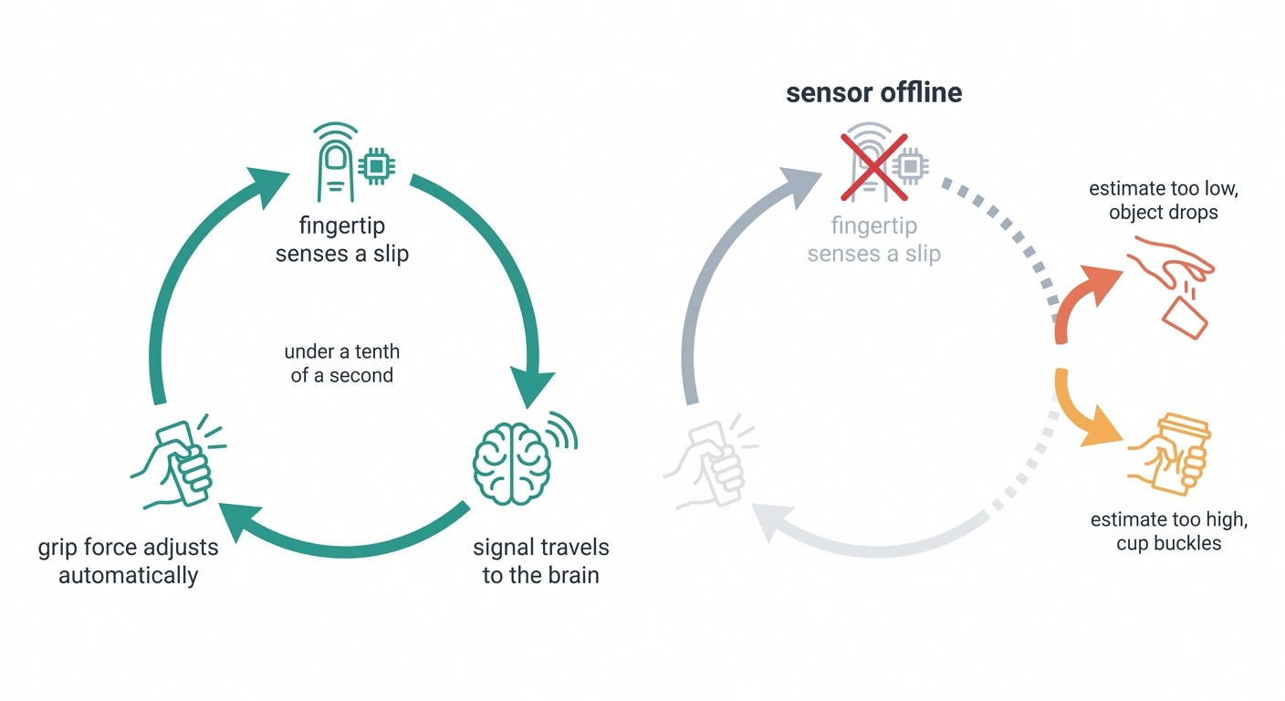 Diagram of the grip feedback loop and the two ways it fails when broken.