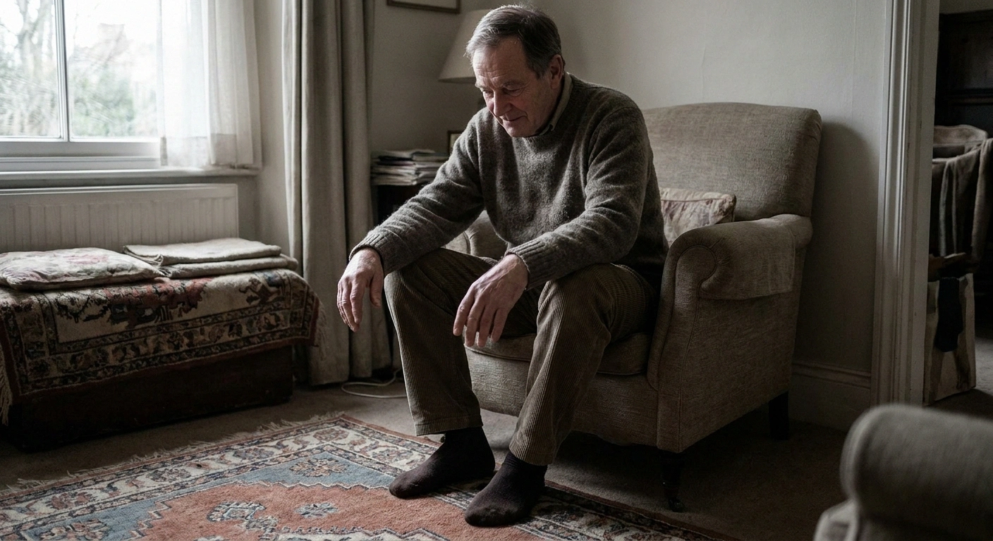 Man in an armchair, hands open on knees, bare feet on a rug.