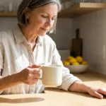Woman lifting a wide-handled mug from a sunlit kitchen counter.
