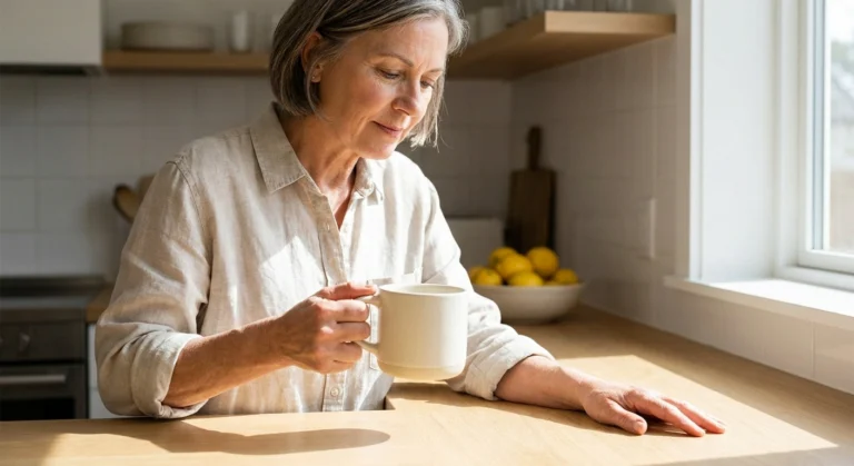 Woman lifting a wide-handled mug from a sunlit kitchen counter.