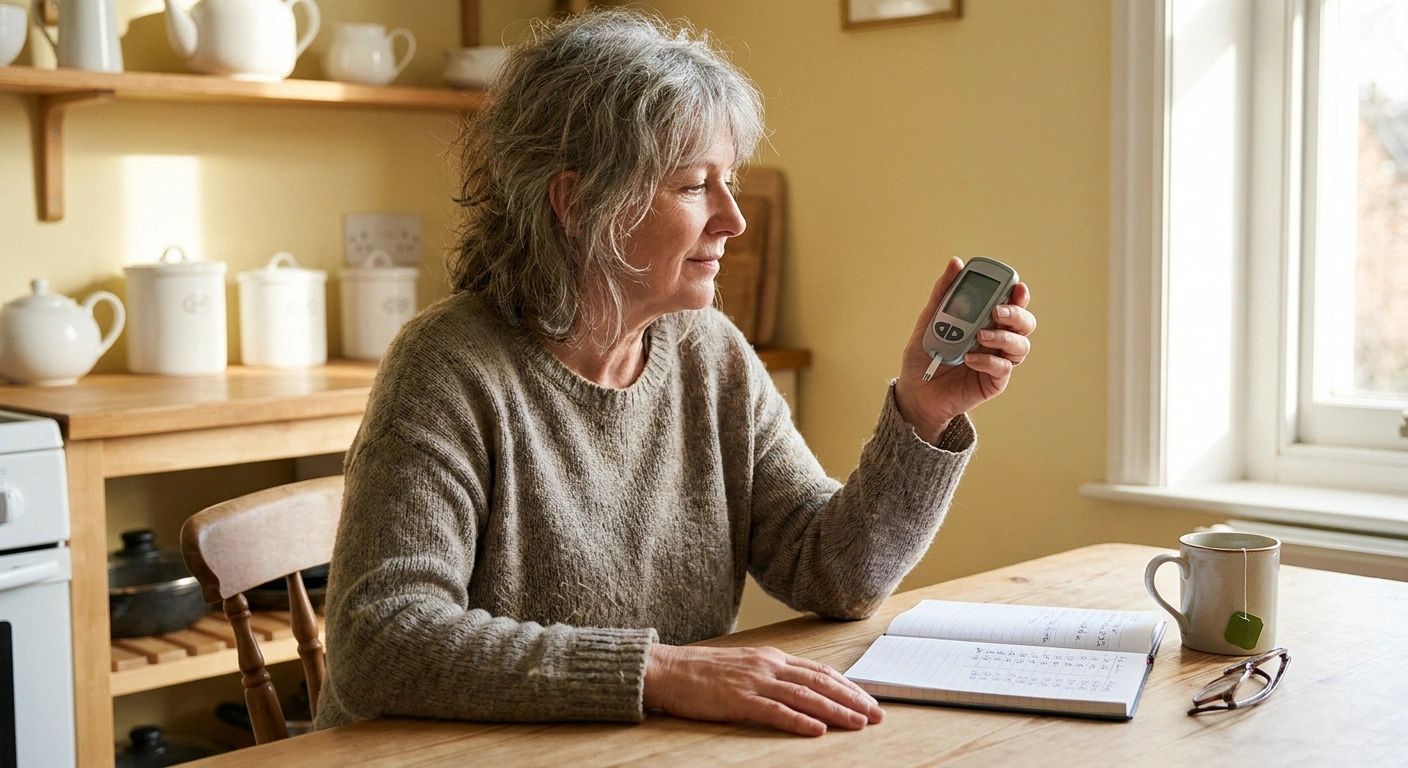 Woman at a kitchen table checking a handheld glucose meter beside a notebook of readings.