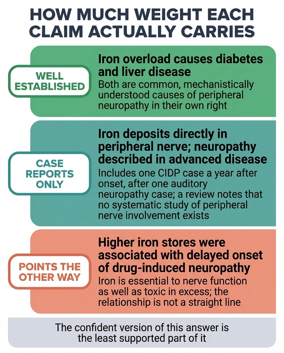 Tiered chart weighting the evidence that iron overload directly damages peripheral nerves.