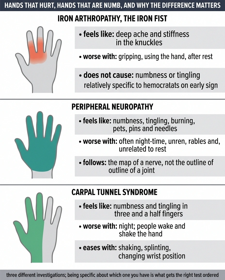 Three hand diagrams comparing iron arthropathy, peripheral neuropathy and carpal tunnel syndrome.