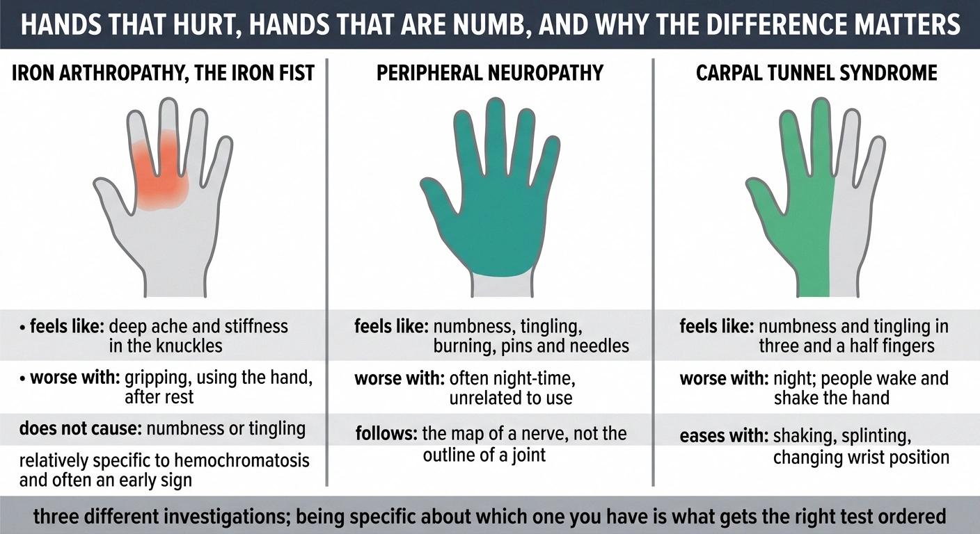 Three hand diagrams comparing iron arthropathy, peripheral neuropathy and carpal tunnel syndrome.