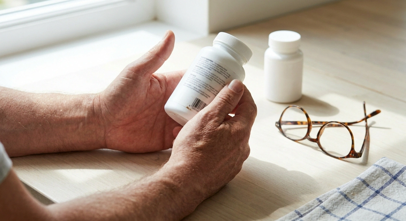 Hands tilting a plain supplement bottle toward the light to read the back label.
