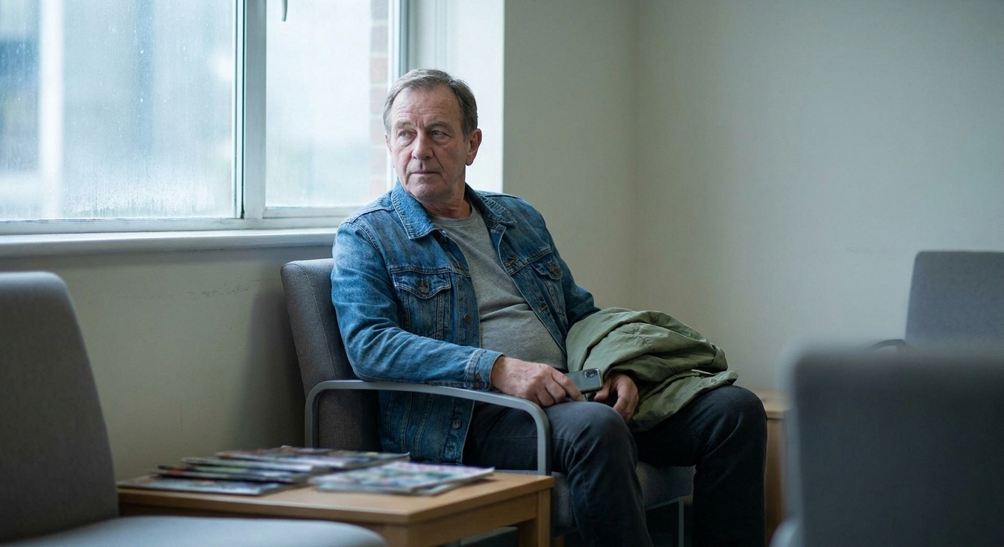 Man seated by a window in a waiting area with a jacket on his lap, looking outside.