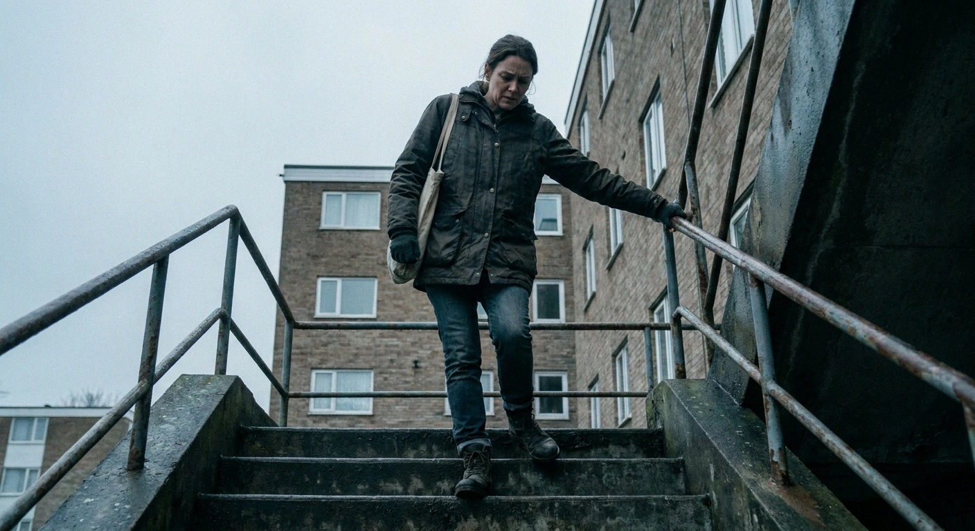 Woman pausing on outdoor steps with one hand on the handrail and her trailing foot caught.
