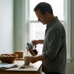 Man in his fifties pouring coffee at a kitchen counter in morning light.