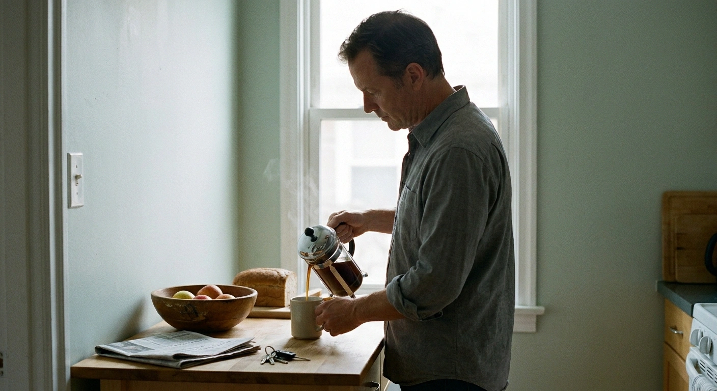 Man in his fifties pouring coffee at a kitchen counter in morning light.