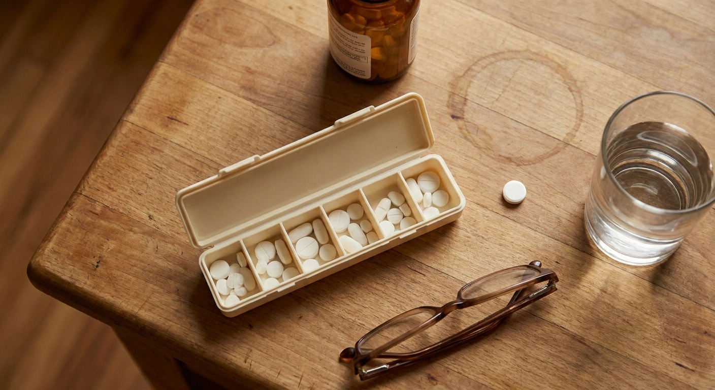 Overhead view of a weekly pill organiser, a glass of water and reading glasses on a wooden table.