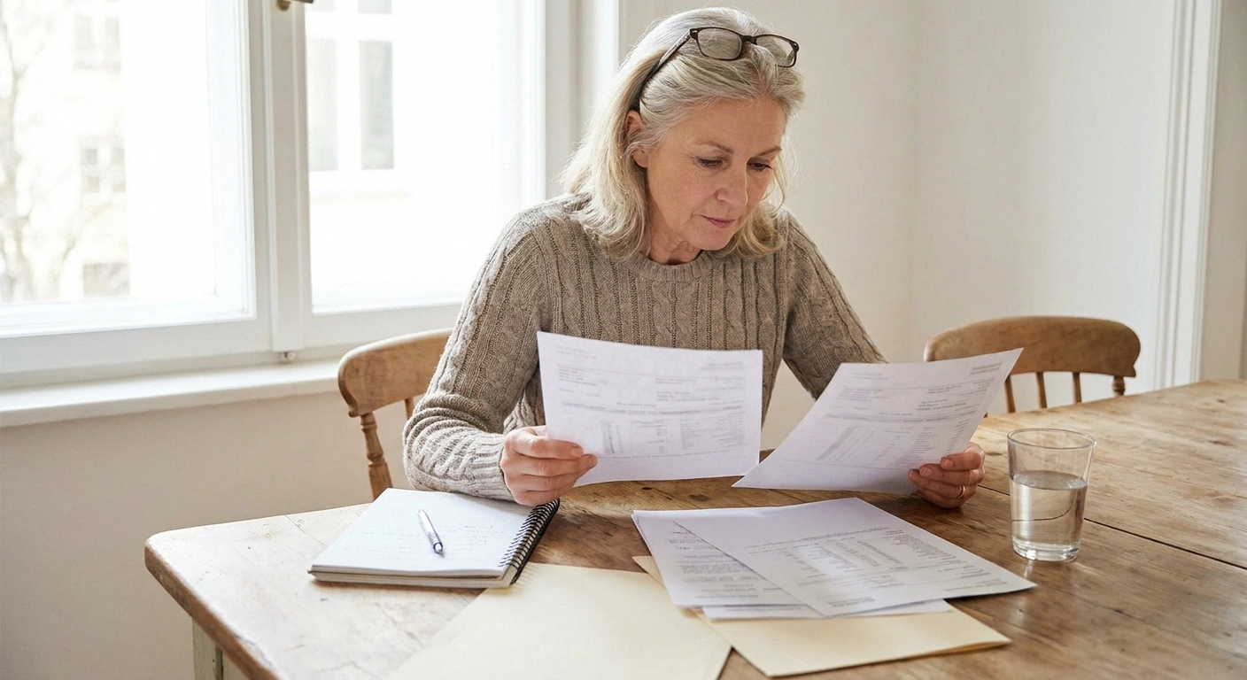 Woman at a dining table comparing printed lab reports and writing notes.