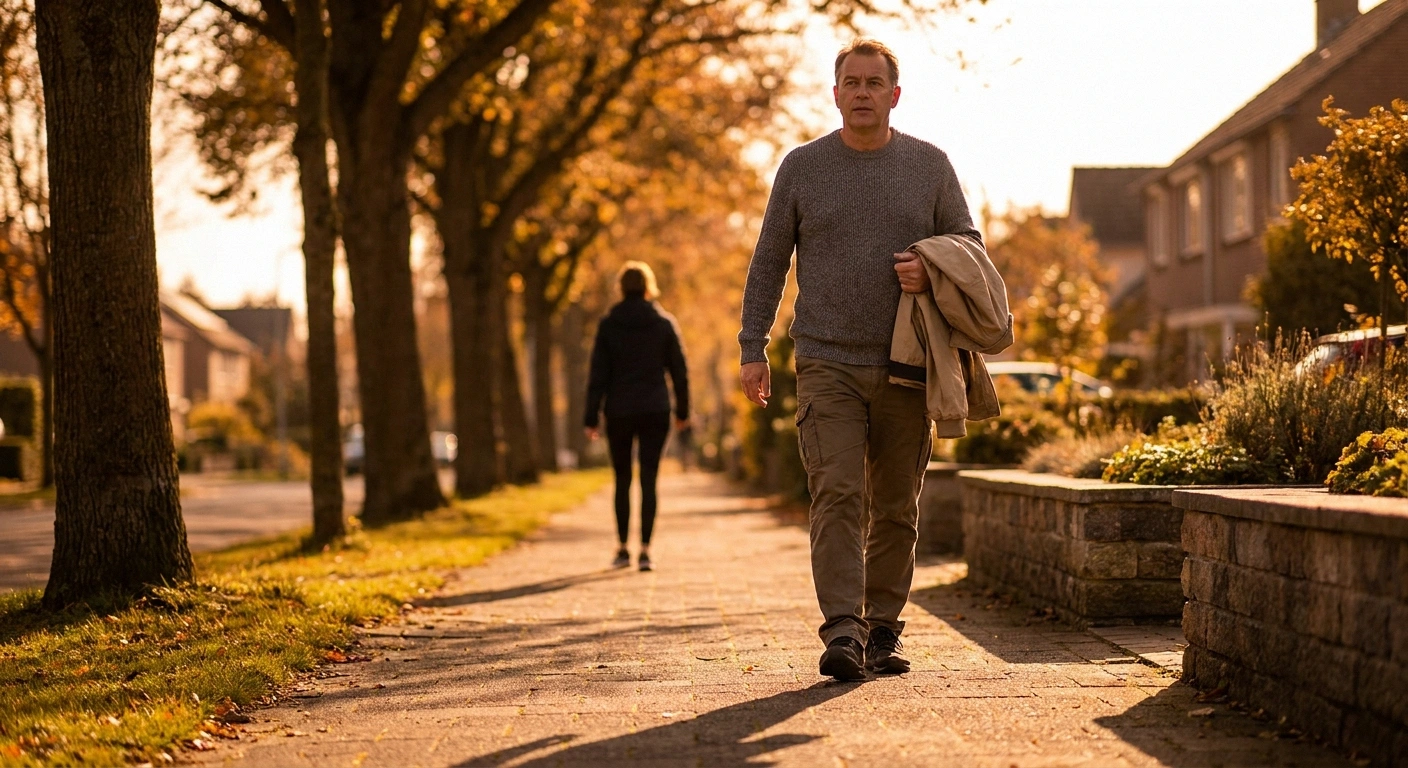Man walking a tree-lined neighbourhood path in late afternoon light wearing supportive shoes.