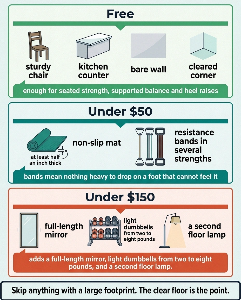 Three-column guide to building a home exercise space at free, under fifty dollar and under one hundred fifty dollar budgets