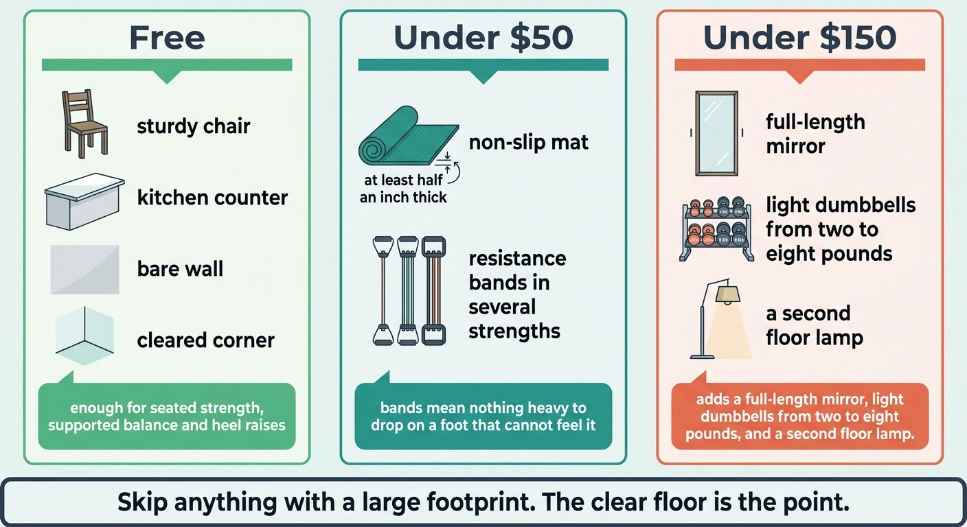 Three-column guide to building a home exercise space at free, under fifty dollar and under one hundred fifty dollar budgets