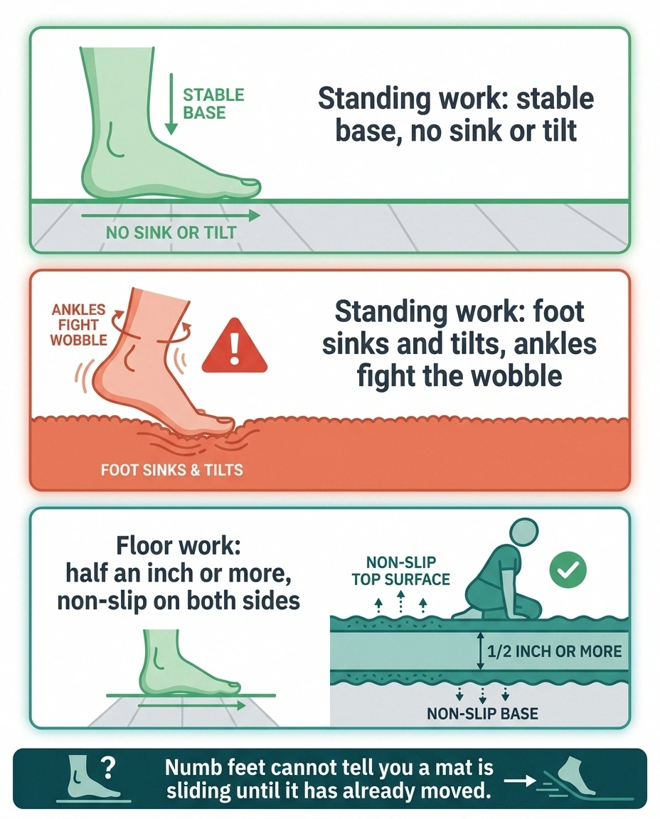 Three-panel comparison of hard flooring, soft carpet and a non-slip mat for exercising with neuropathy