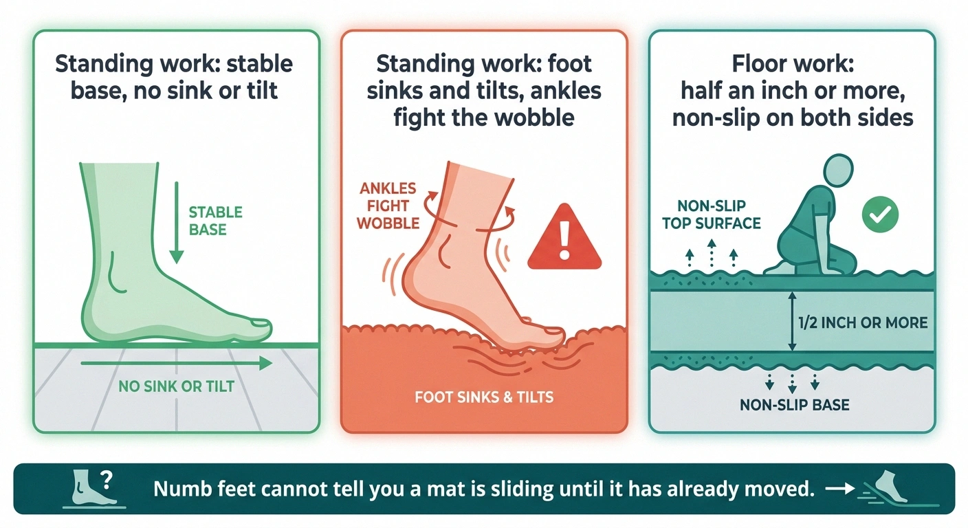 Three-panel comparison of hard flooring, soft carpet and a non-slip mat for exercising with neuropathy
