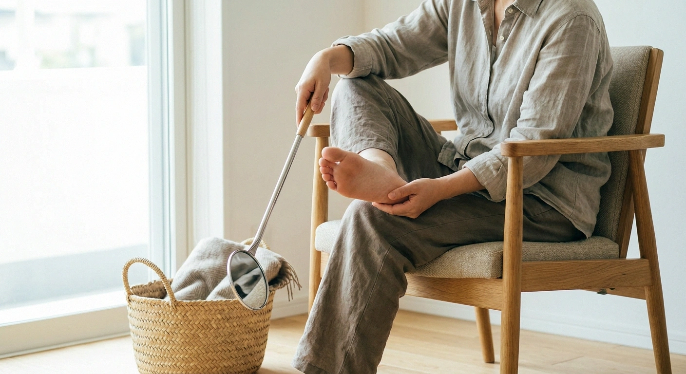 Person seated using a long-handled mirror to check the sole of a foot after exercising