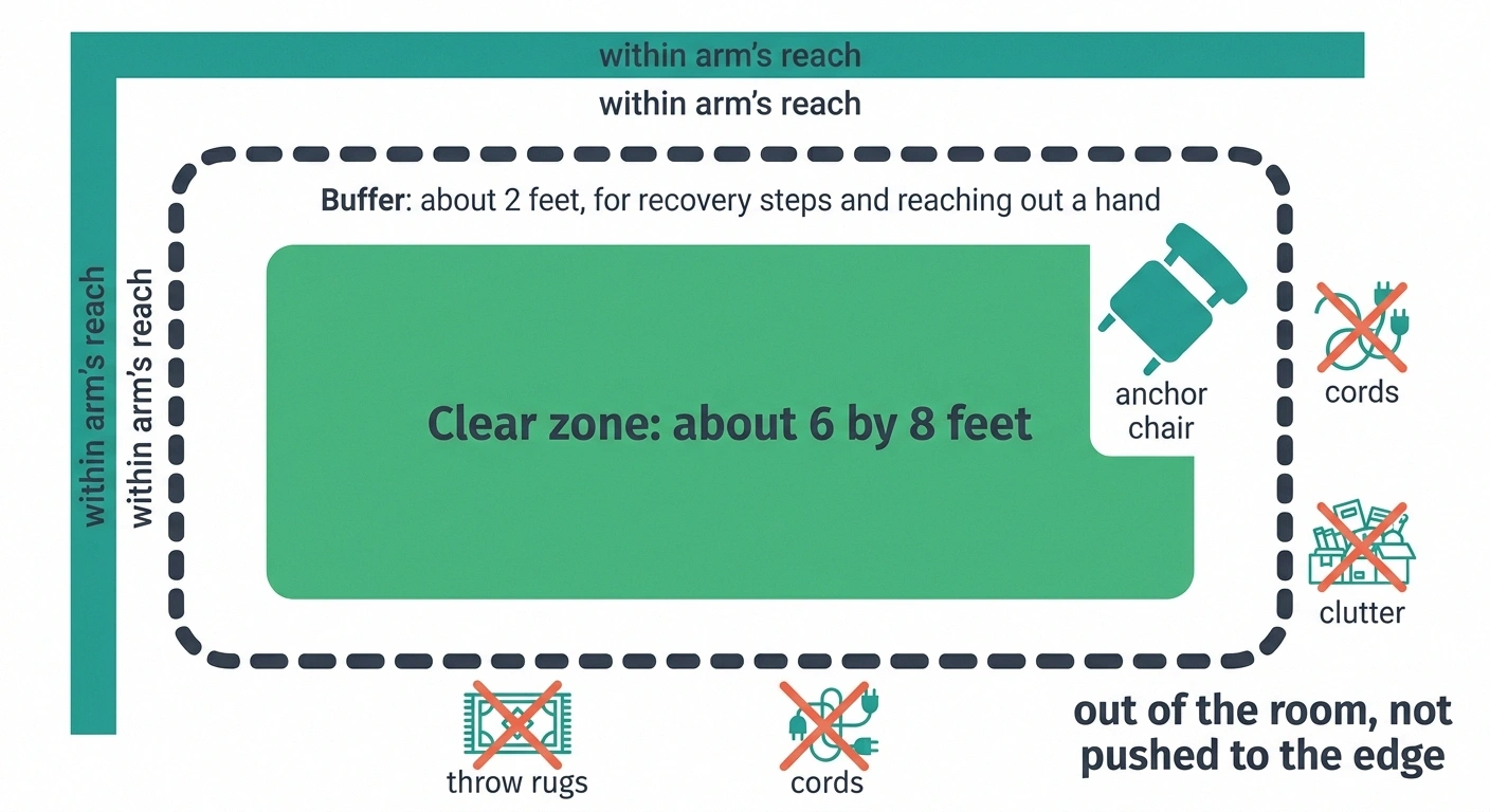 Overhead floor plan showing a six by eight foot clear exercise zone with a two foot buffer