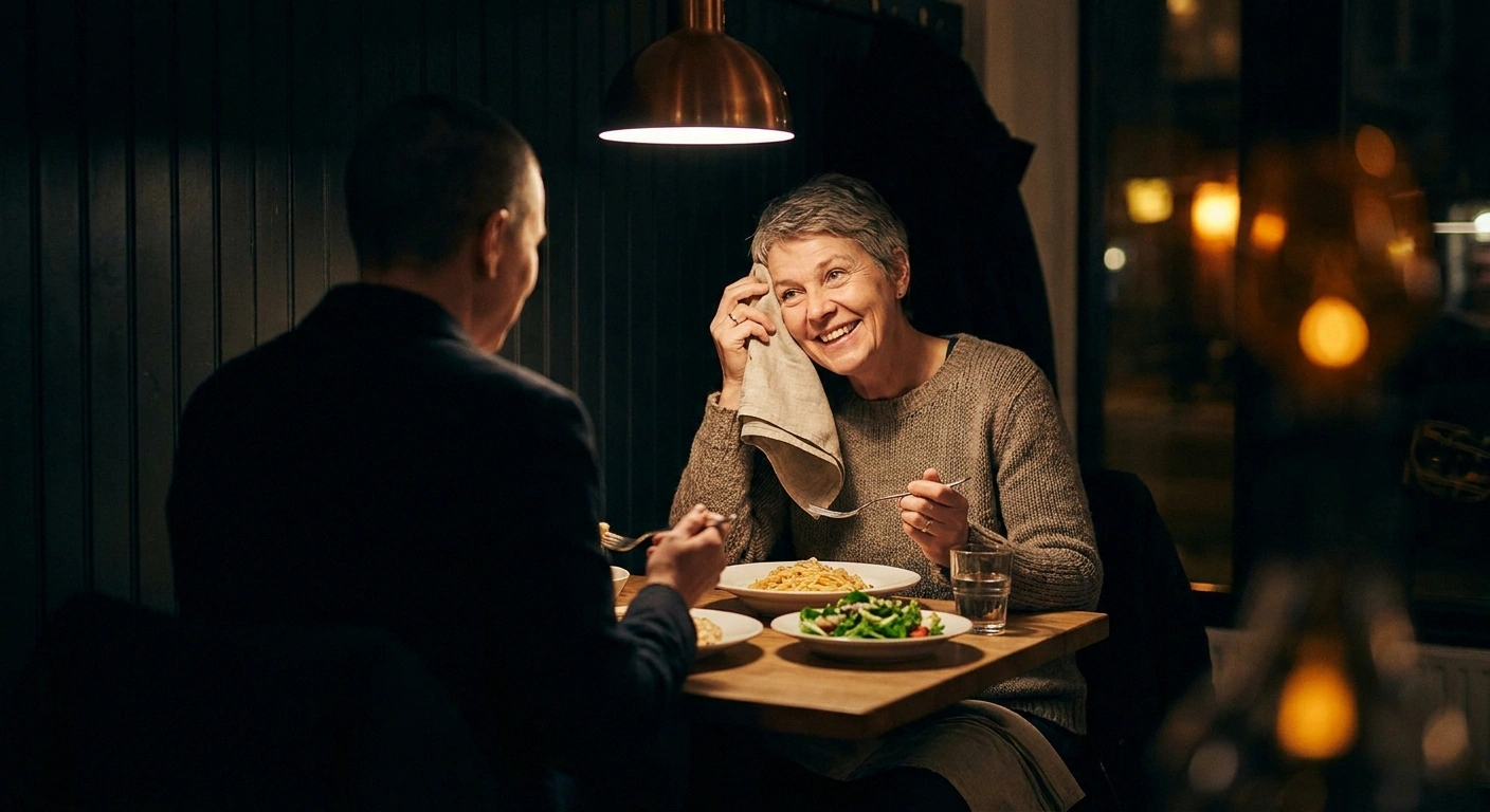 Older woman at a restaurant table dabbing her temple with a napkin mid-meal