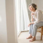 Woman sitting barefoot by an open window with a towel over her shoulder