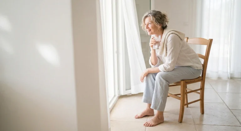 Woman sitting barefoot by an open window with a towel over her shoulder