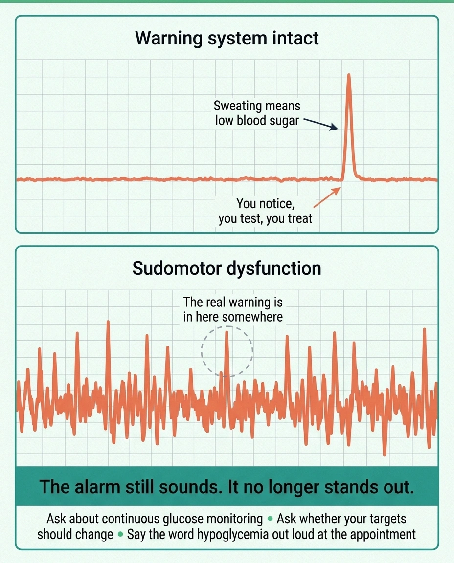 Diagram contrasting a single clear warning spike with constant background sweating signals