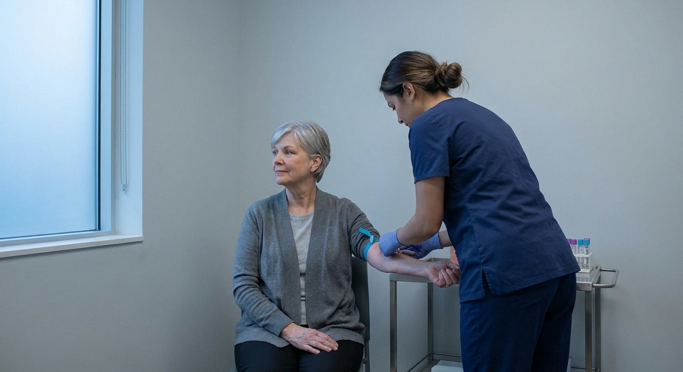 Woman having routine blood taken in a plain clinic room by soft window light