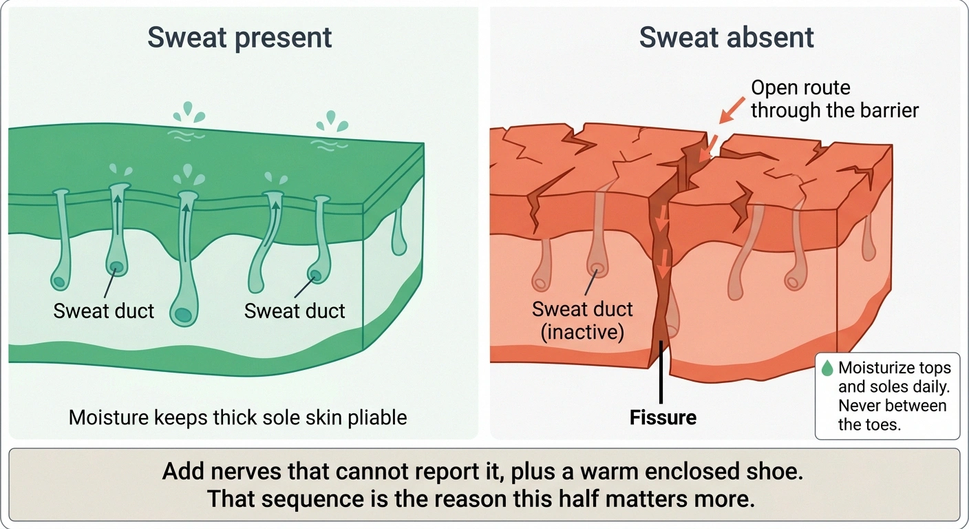 Cross-section comparing intact heel skin with dry cracked skin forming a fissure