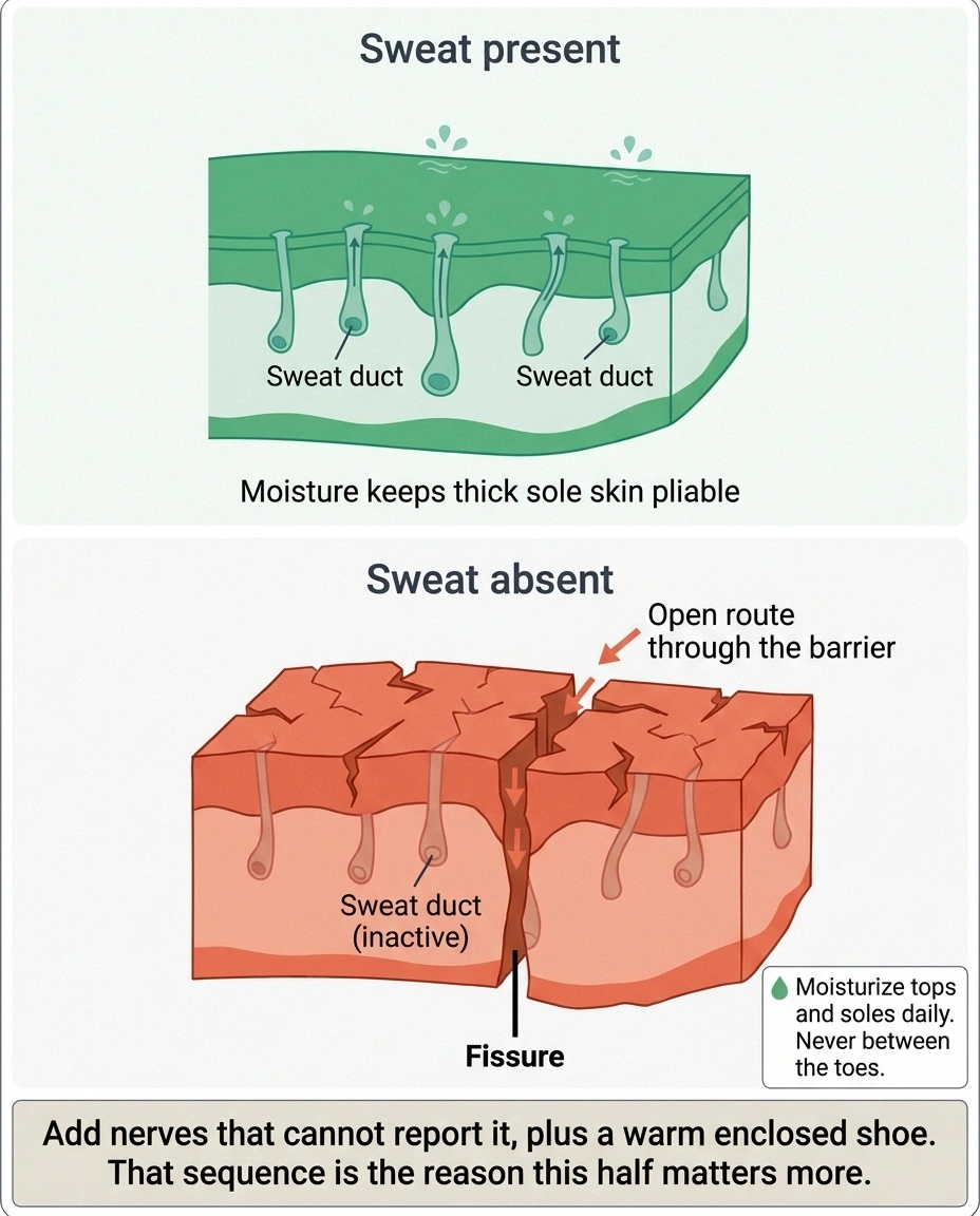 Cross-section comparing intact heel skin with dry cracked skin forming a fissure