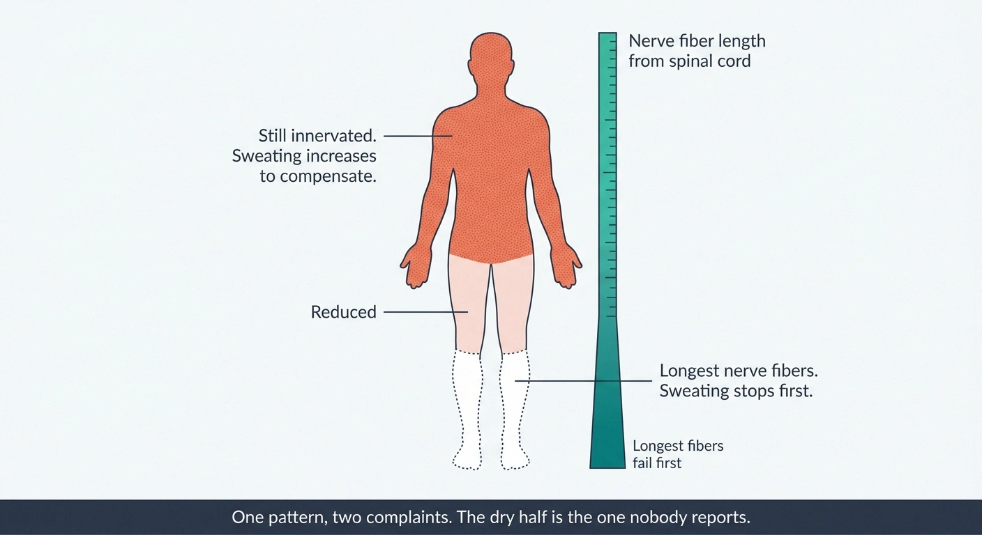 Body diagram showing increased upper body sweating and absent sweating in the feet
