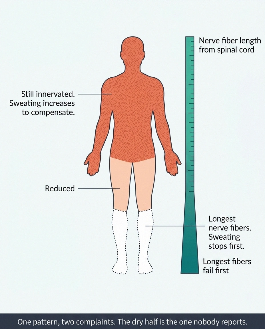 Body diagram showing increased upper body sweating and absent sweating in the feet