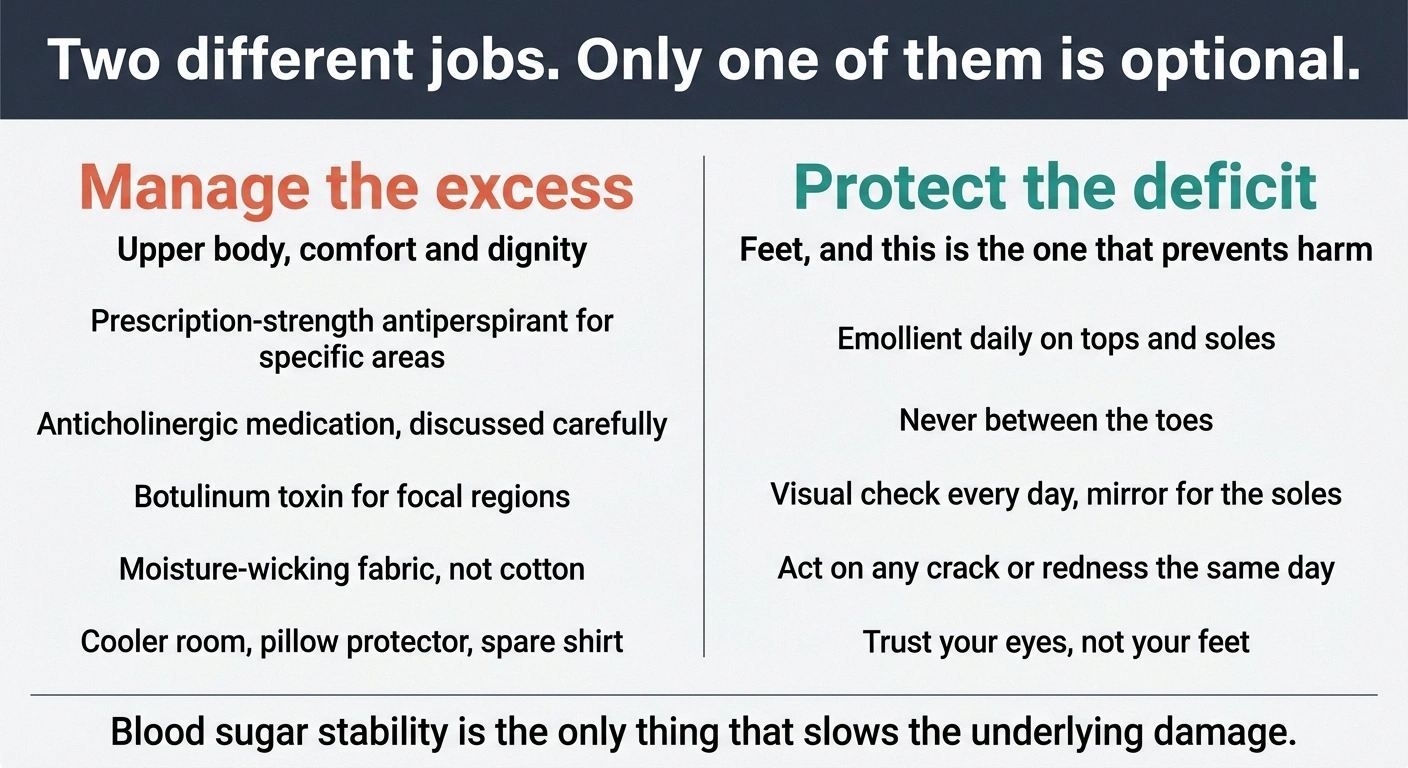Two-column card separating management of excess sweating from daily foot protection
