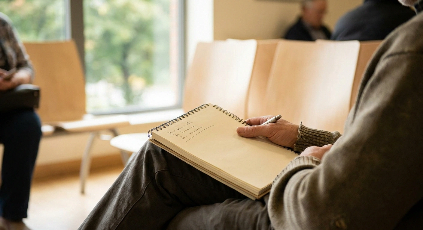 An open notebook with handwritten notes resting on a lap in a bright waiting area