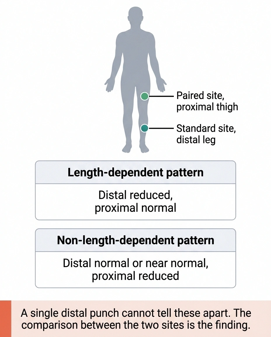 Body diagram showing distal leg and proximal thigh skin biopsy sites and their paired results