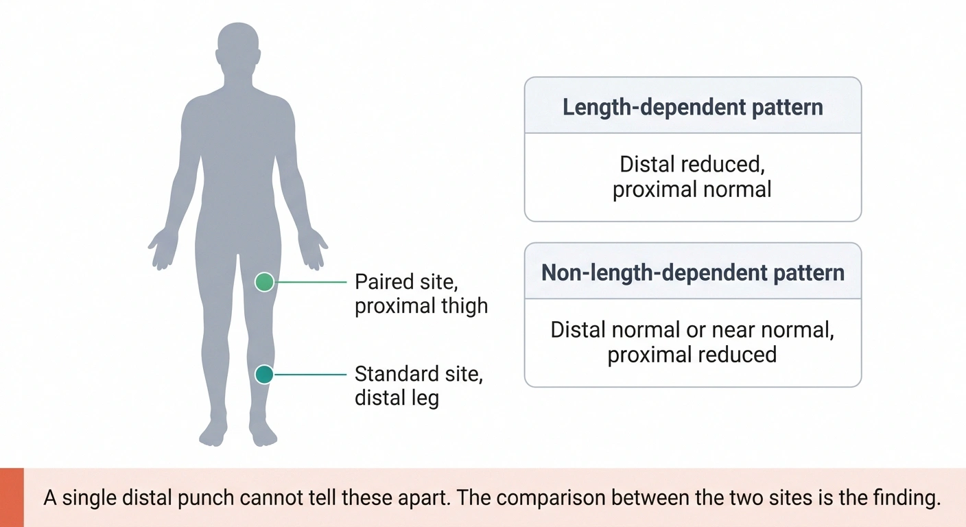 Body diagram showing distal leg and proximal thigh skin biopsy sites and their paired results