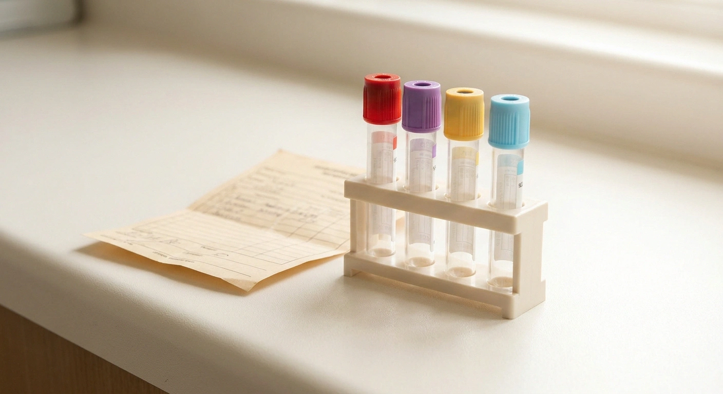 Four empty blood collection tubes in a rack beside a folded requisition form