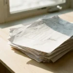 A stack of medical paperwork on a sunlit table with one page pulled partway out
