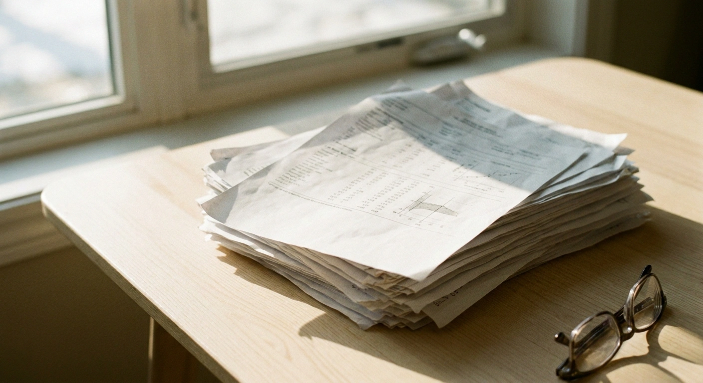 A stack of medical paperwork on a sunlit table with one page pulled partway out