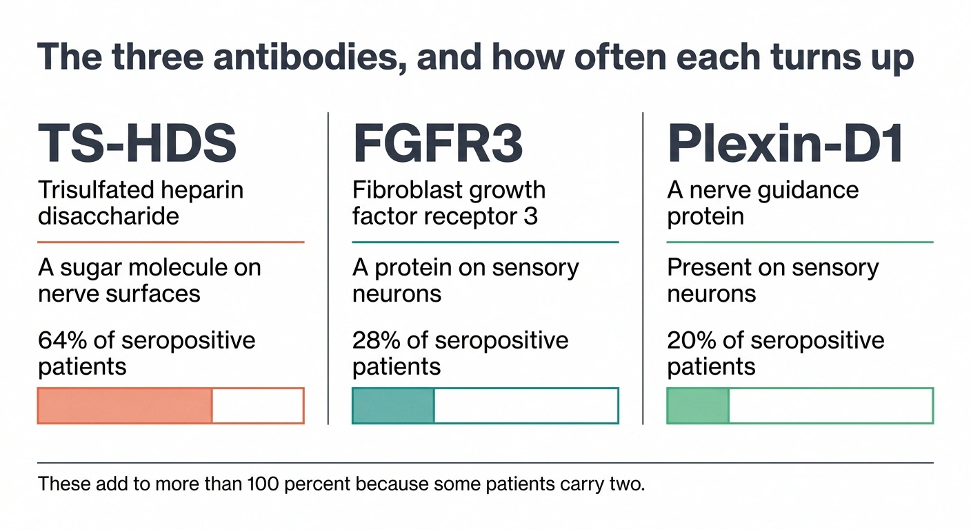 Three-column chart of TS-HDS, FGFR3 and Plexin-D1 antibodies and their frequencies