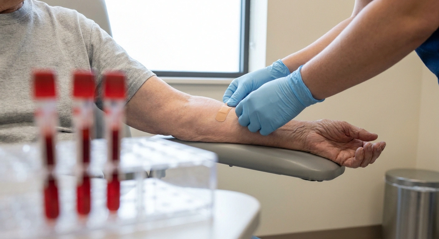 Bandage applied after a routine blood draw with filled sample tubes nearby.