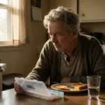 Older man at a kitchen table with a weekly pill organizer in morning light.
